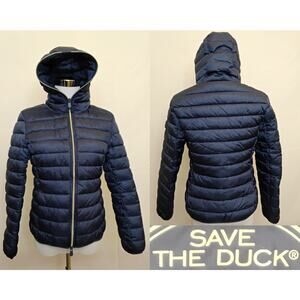 Save the Duck Puffy Coat Women's XS Blue Hooded Full Zip #Z5251